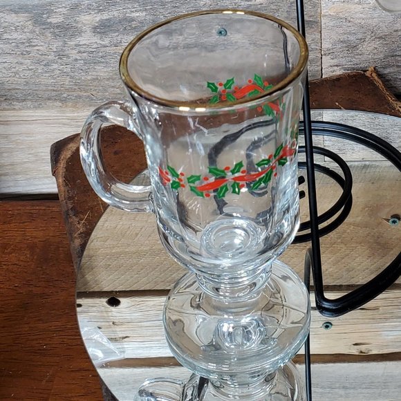 Libbey Irish Coffee Mugs - Green & Red Holly - Red Ribbon - Price for Pair - Picture 7 of 8